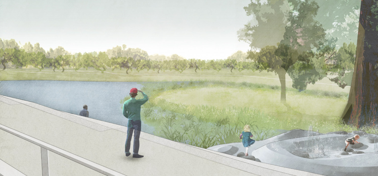 Zu dem Teich auf der Liegewiese werden großzügige Treppenstufen führen, die zum Sitzen und Entspannen einladen.
